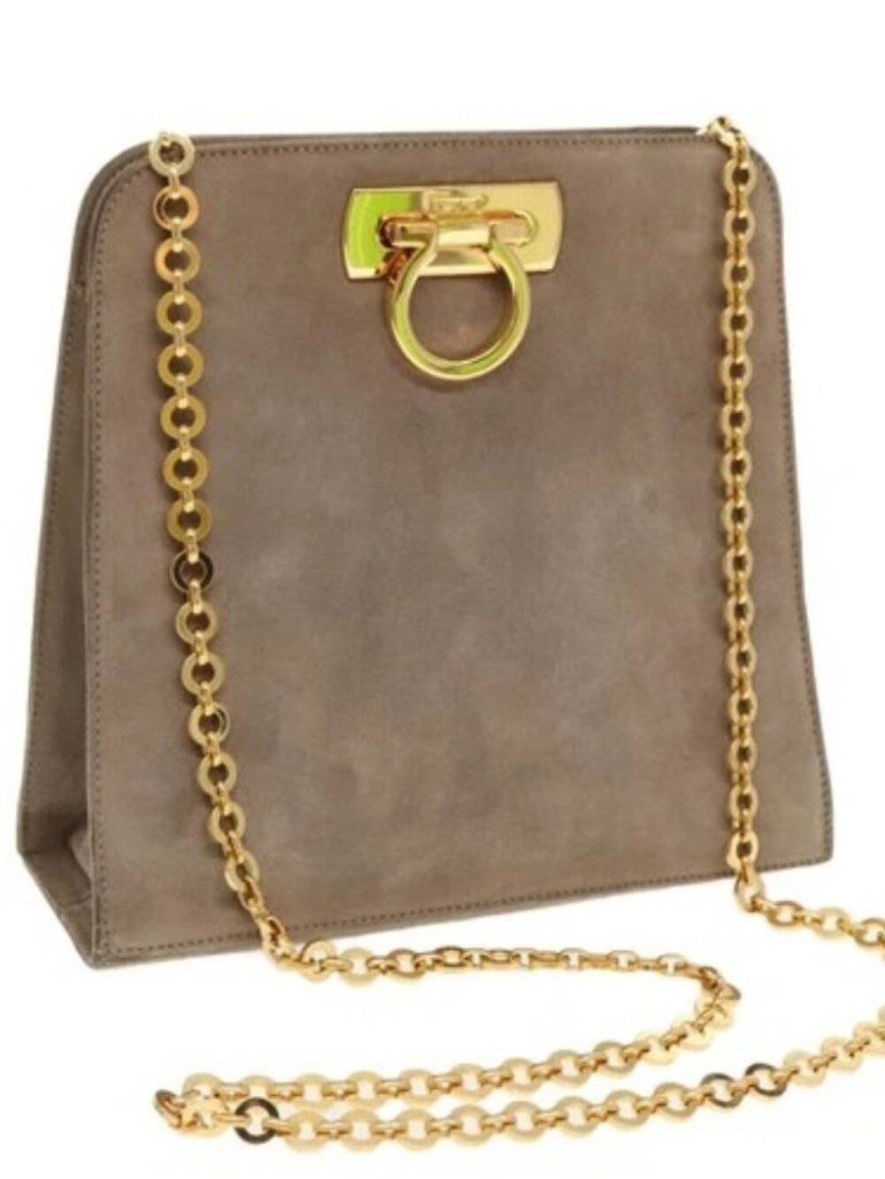 Salvatore Ferragamo Gancini Chain Shoulder Bag Suede Gray Gold Auth 96186